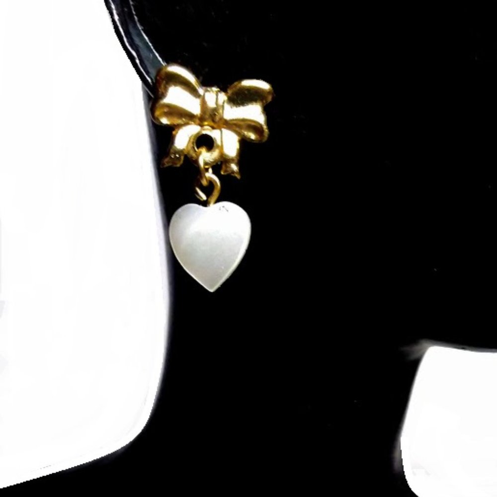 Solid 14k Yellow Gold Bow Hearts Girls Stud Dangle Earrings